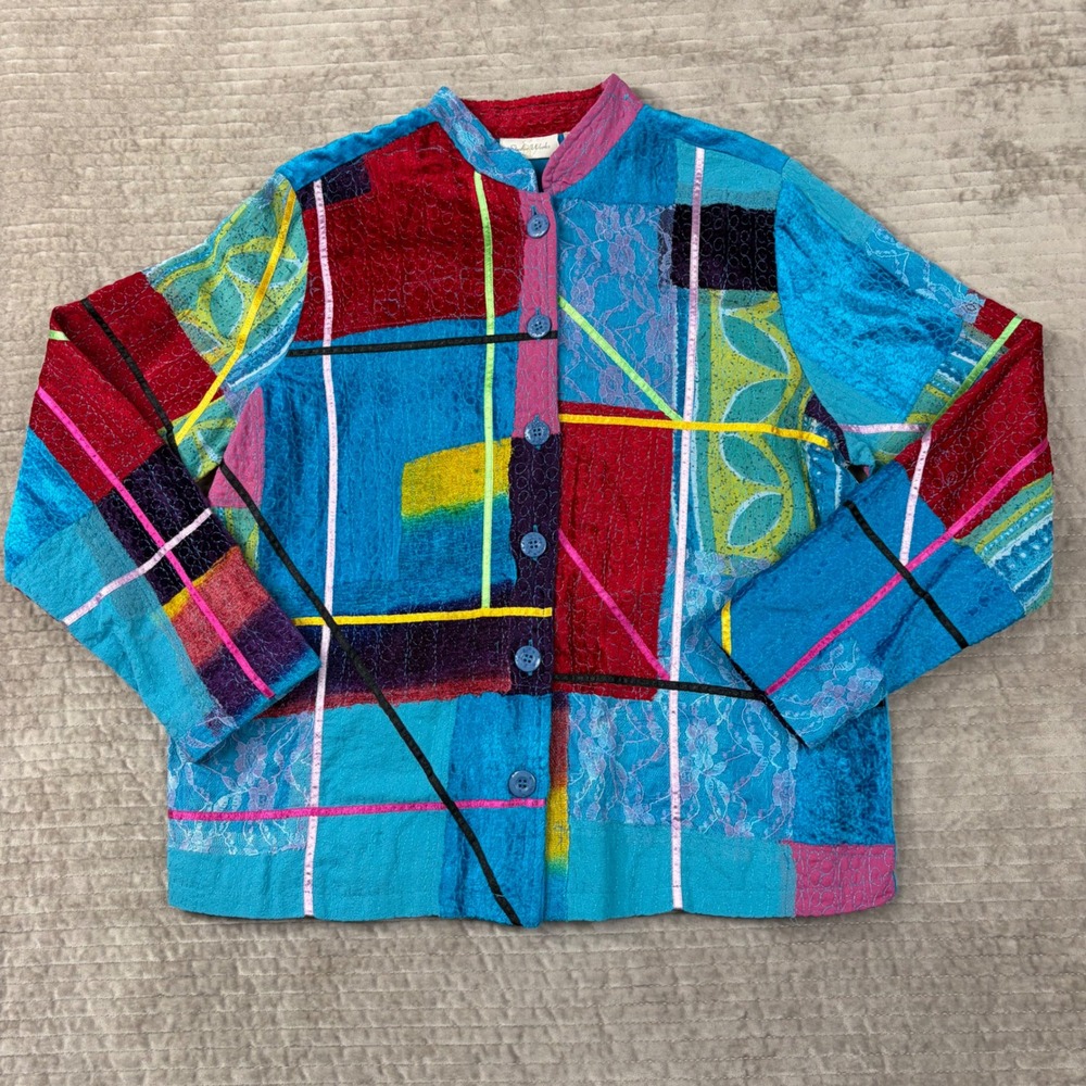 Studio Works Womens Patchwork Wearable Art Jacket Multi-Color Velvet Lace Size M